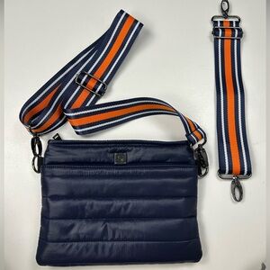Think Royln Bum Bag 2.0 in Navy Blue Quilted Puffer with Orange Stripe Strap